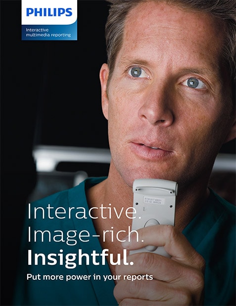 Portada del folleto sobre el módulo Interactive Multimedia Reporting de Philips para optimizar la información clínica