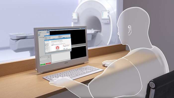 Fotografía de un médico en el monitor para revisar imágenes, que ilustra la planificación, la exploración y el procesamiento rápidos de imágenes de RM