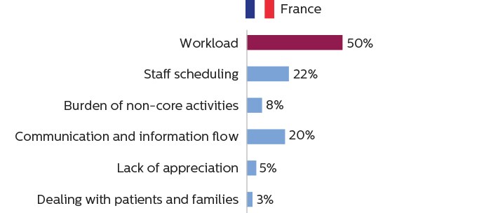 Gráficos de barras que muestran que el personal que se dedica a la adquisición de imágenes en Francia considera que la carga de trabajo es la principal causa de estrés laboral