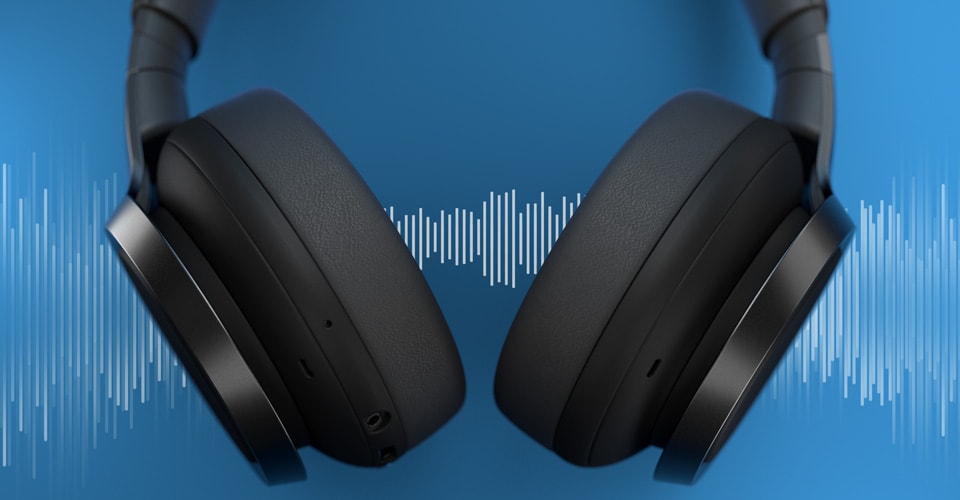 Auriculares con cancelación de ruido con fondo de ondas sonoras.