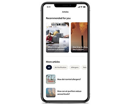 Pantalla de la aplicación Philips Air+ con recomendaciones de artículos