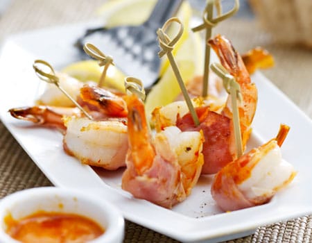 King Prawns in Ham with Red Pepper Dip