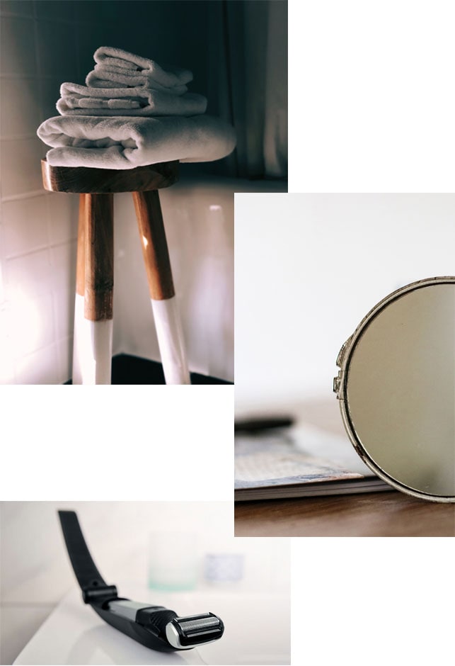 Un collage de varios objetos relacionados con el afeitado: una toalla, un espejo redondo y una afeitadora.