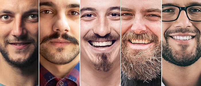 Collage de fotos de siete hombres con diferentes estilos de barba mirando y sonriendo a cámara