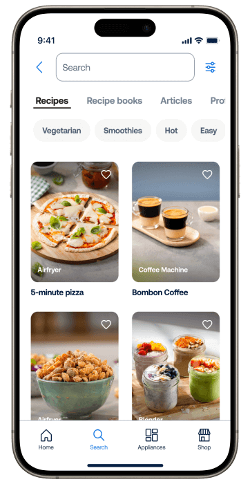 Smartphone con la pantalla de HomeID que muestra una amplia gama de recetas