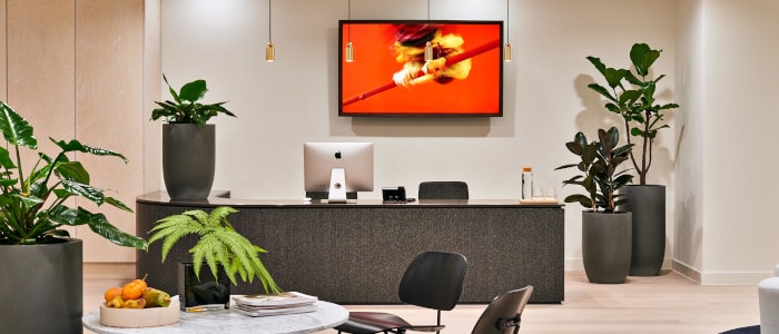 Monitor de pantalla profesional Philips sobre la mesa de recepción de una oficina
